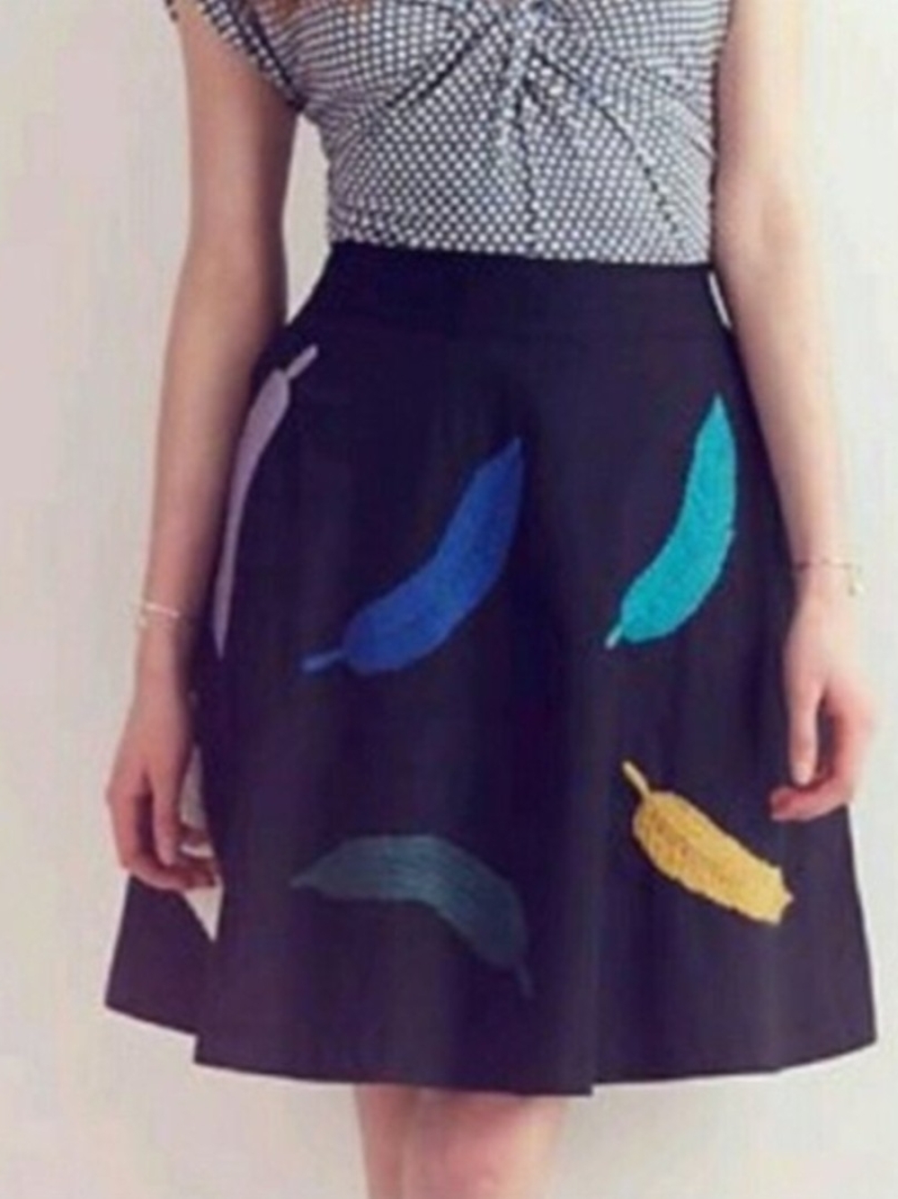 Anthropologie Embroidered Feather Aline Skirt Blue Colorful Textured 6 Boho